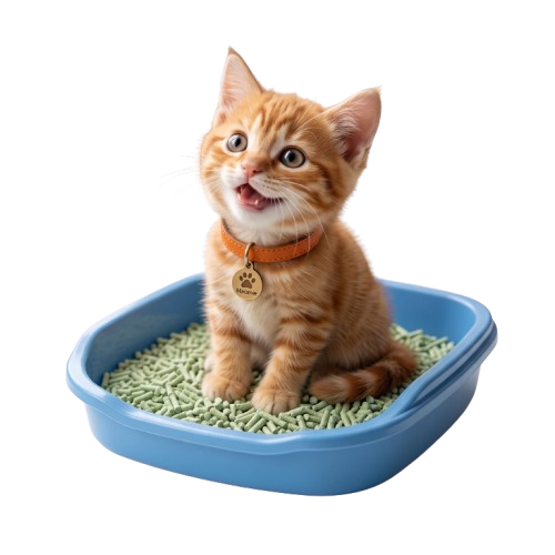 Happy Maomie cat mascot sitting in litter box