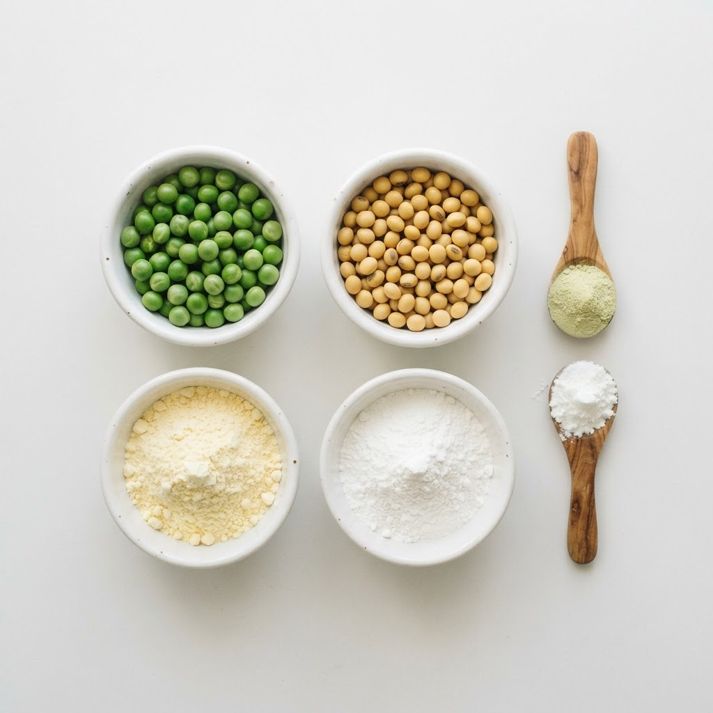 Natural plant-based ingredients: peas, soy, corn starch